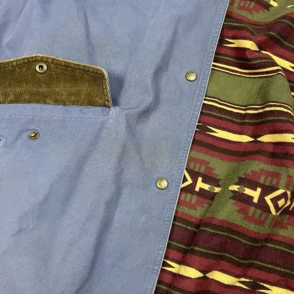 LL Bean Chore Duster Coat Womens Large Blue Canvas Barn Jacket Aztec Lined - Picture 14 of 14